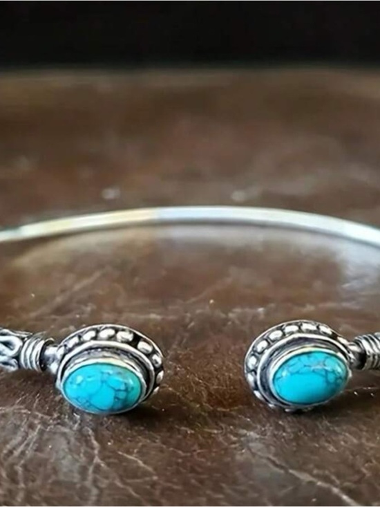 Jewelry - Turquoise Stone Open Cuff Bracelet - Blue Silver Finish
